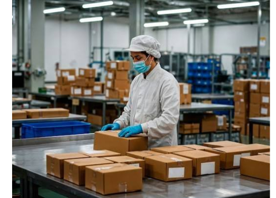 Worker packing food products in a processing facility