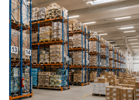 Food distribution warehouse with stocked pallets