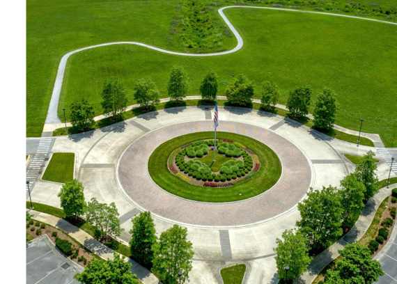 Aerial view of landscaped park grounds