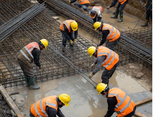 Site workers tying rebar for a concrete pour